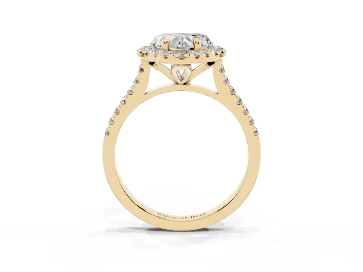 Heart Cut Diamond Cushion Halo Ring with Pavé Band Yellow gold
