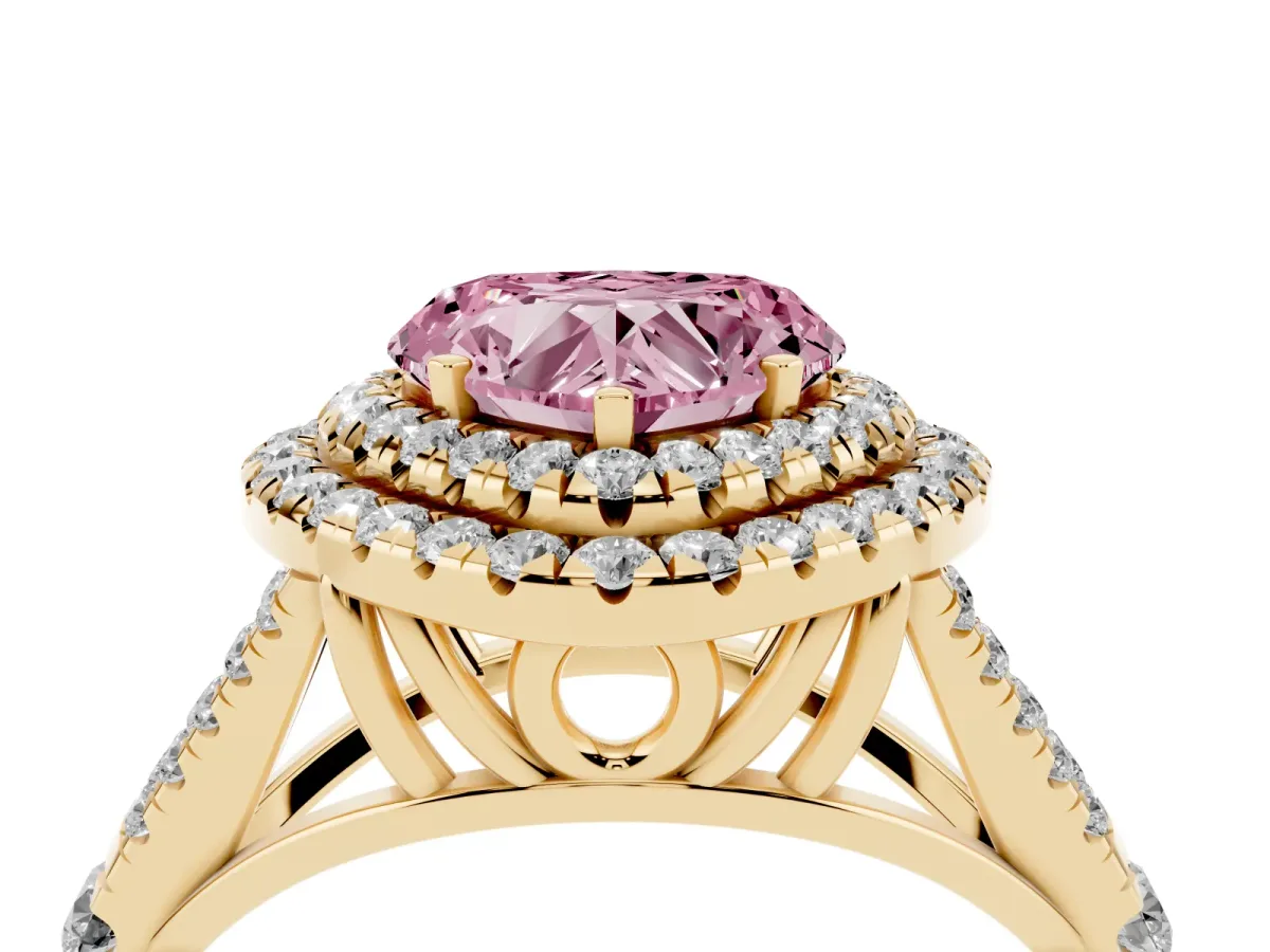 Fancy Pink Heart Cut Cut Double Halo Split Shank Diamond Ring with Prong Setting Yellow gold