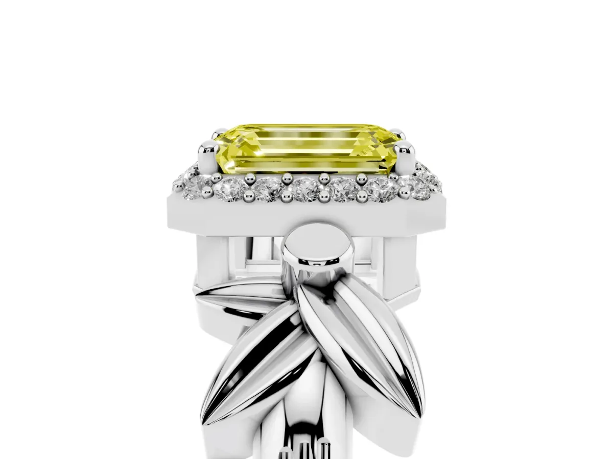 Fancy Yellow Emerald Cut Halo Diamond Floral Band with Four-Prong Setting Platinum
