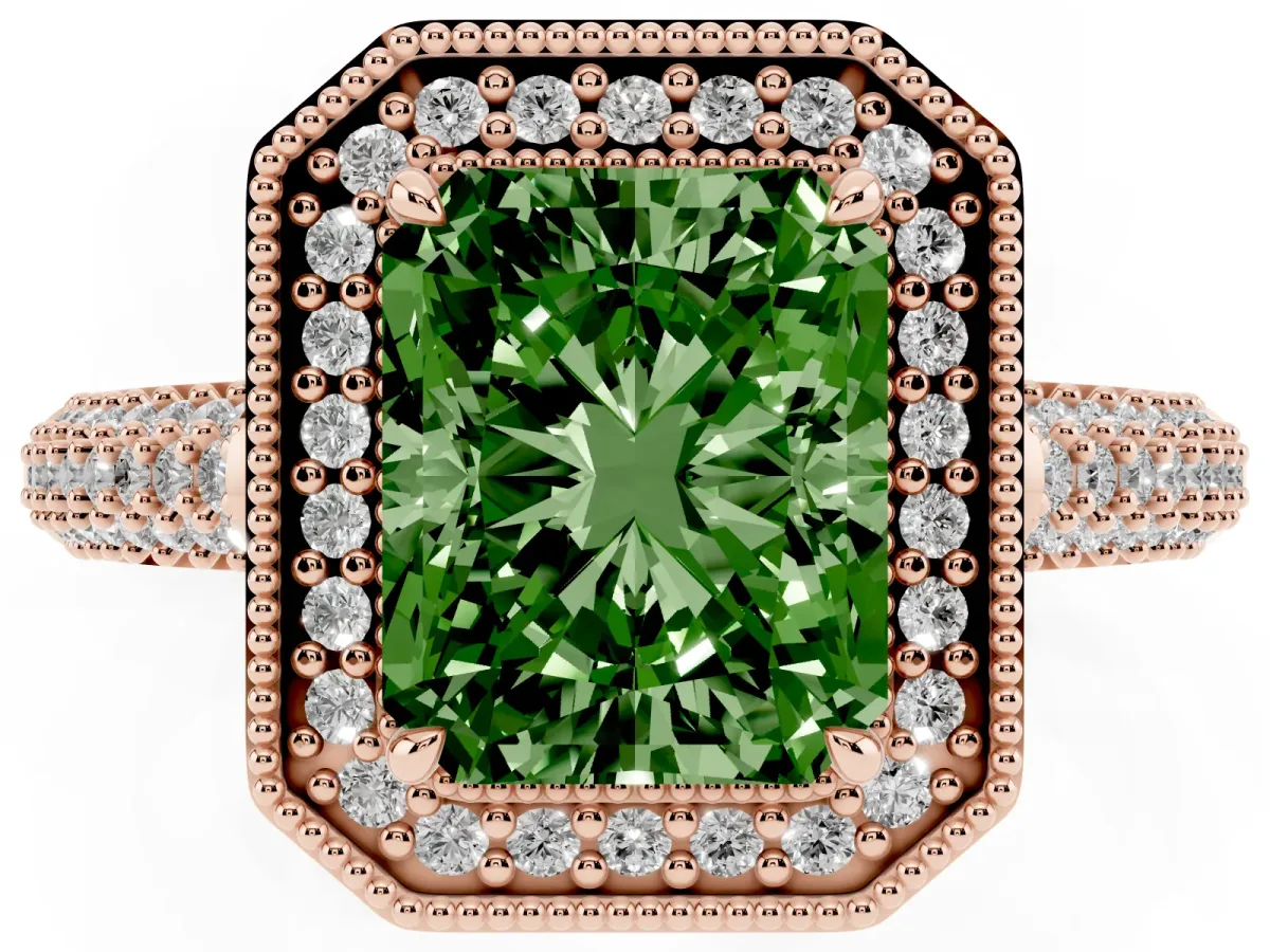 Fancy Green Radiant Cut Cut Halo Diamond Pave Band with Four-Prong Setting Rose gold
