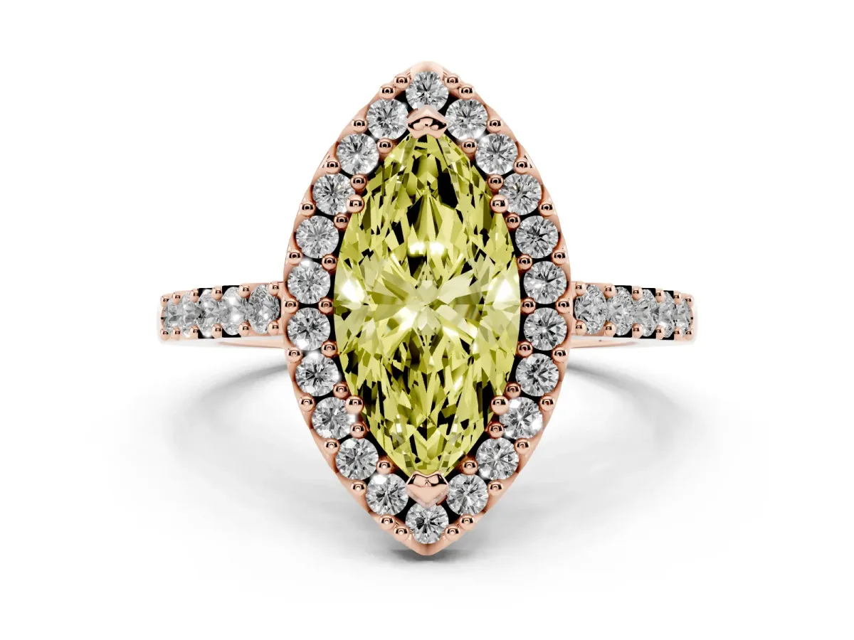 Fancy Yellow Marquise Cut Halo Diamond Pavé Solitaire Ring Rose gold