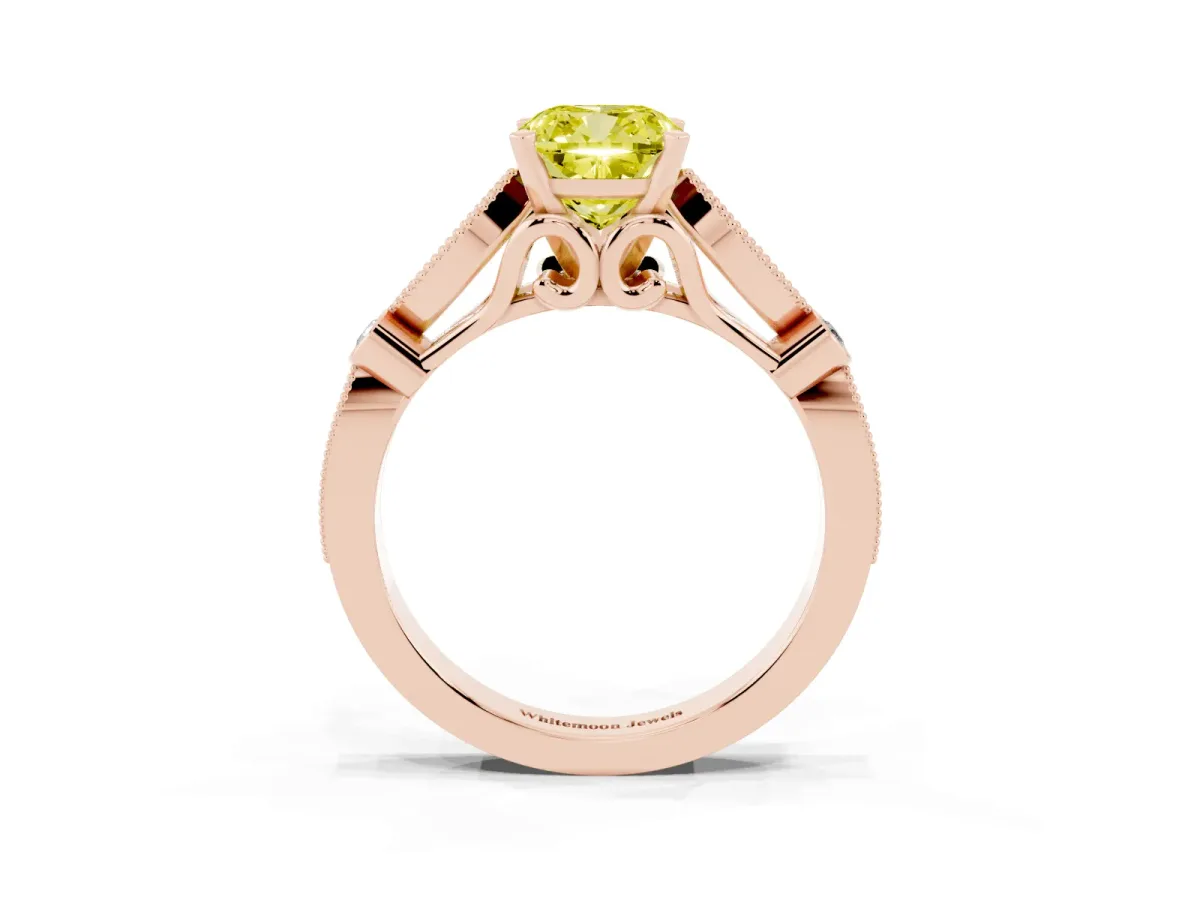 Fancy Yellow Cushion Cut Cut Diamond with Milgrain Marquise and Bezel Accents on a Solitaire Band with Prong Setting Rose gold