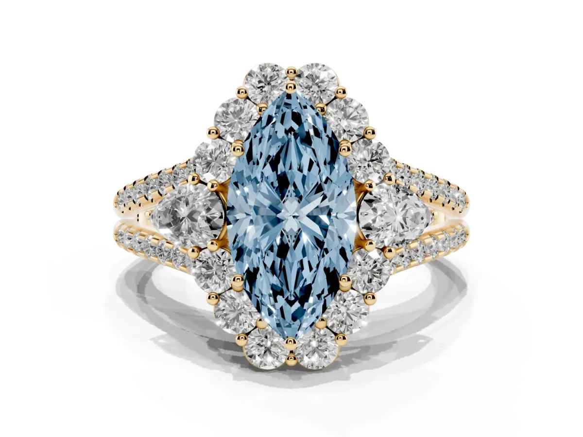 Fancy Blue Marquise Cut Halo Split Shank Diamond Engagement Ring with Prong Setting Yellow gold