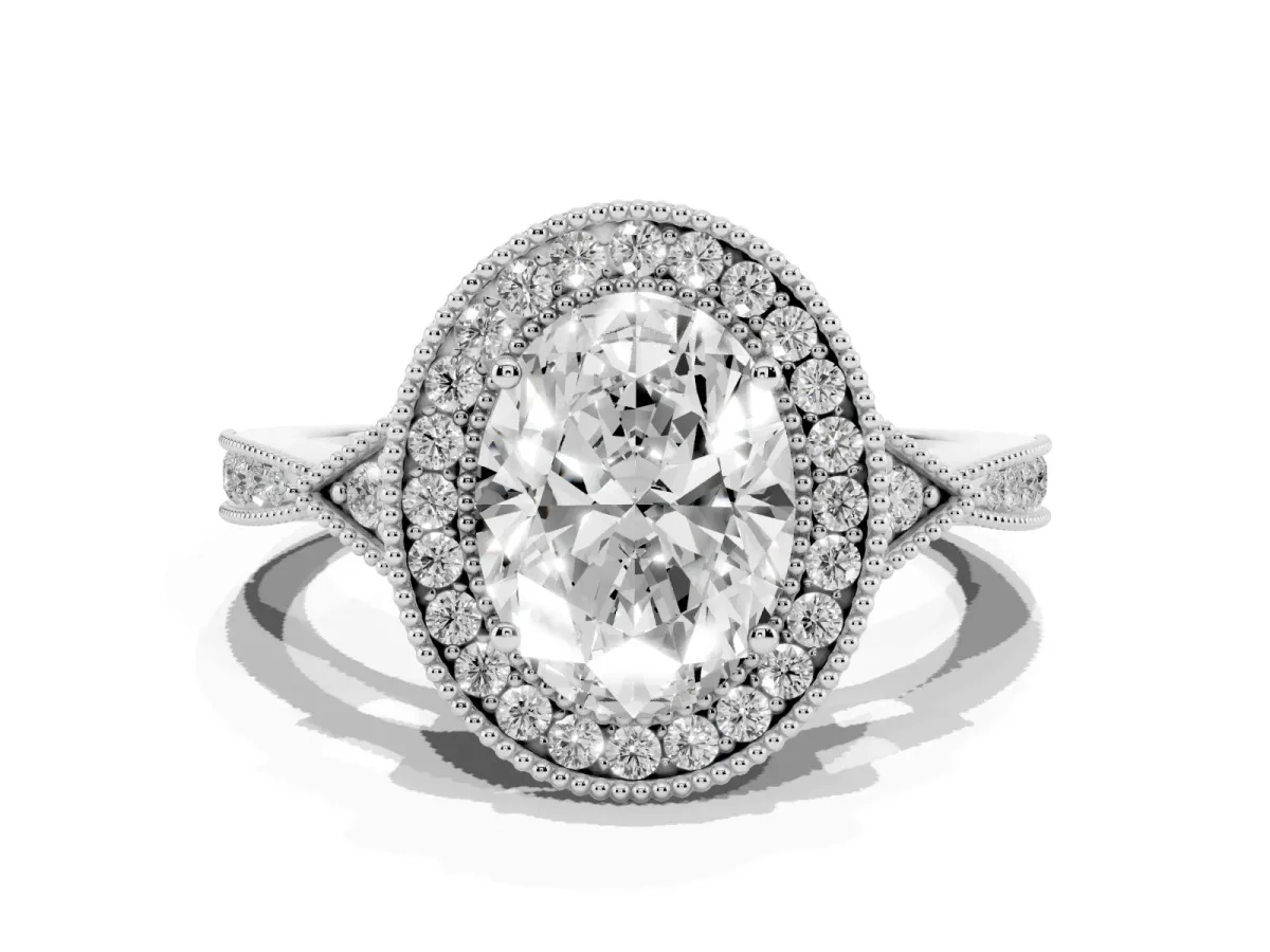 Oval Cut Halo Round Diamond Milgrain Pave Engagement Ring Silver