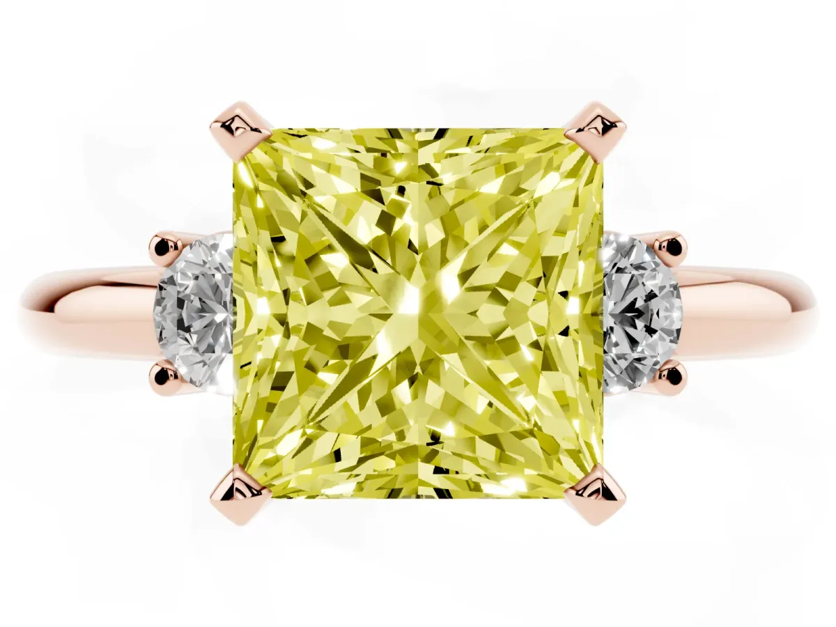 Fancy Yellow Three-Stone Princess Cut Cut Diamond Solitaire with Prong Setting and Classic Band Rose gold