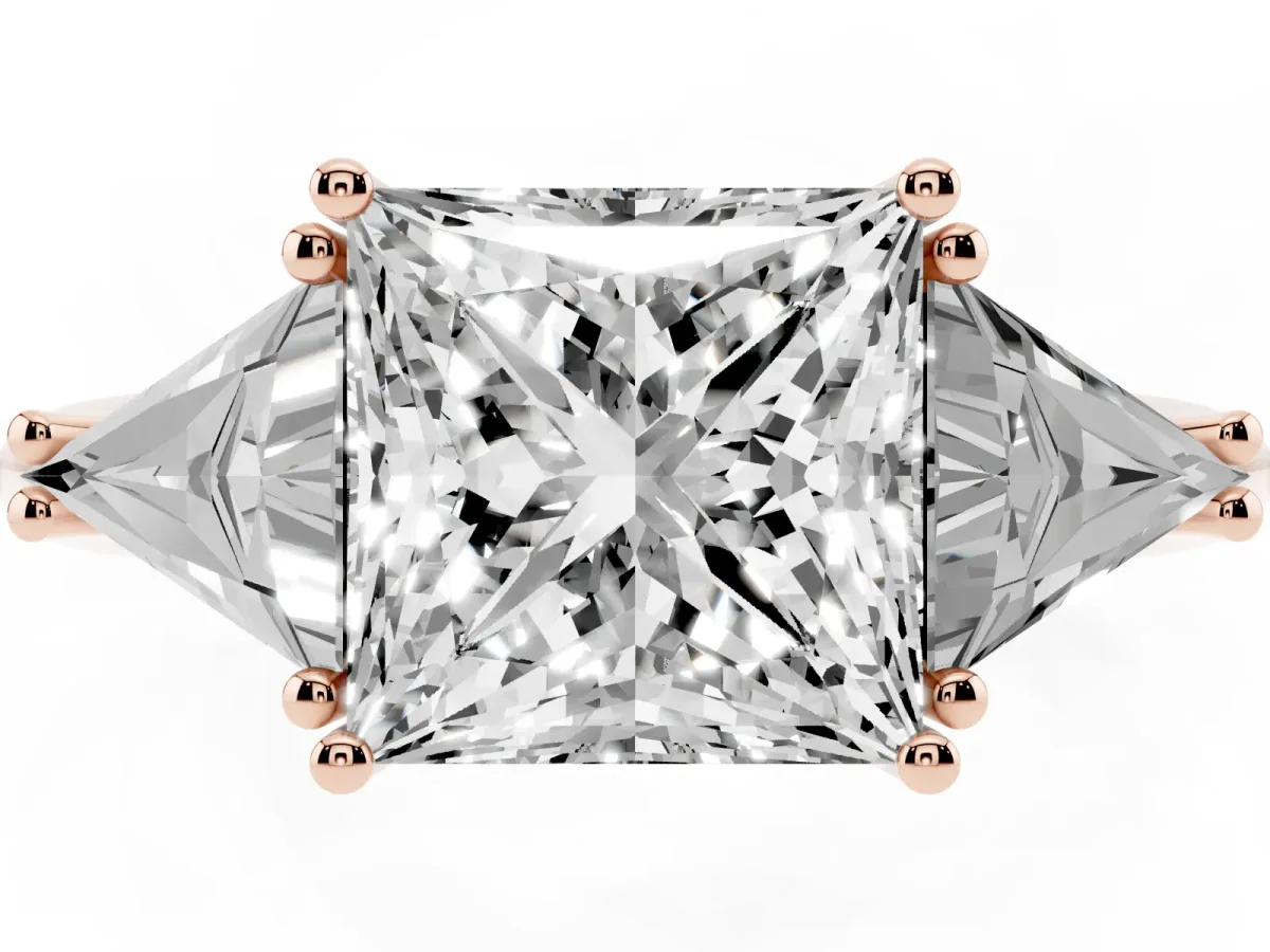 Three-Stone Princess Cut Diamond Engagement Ring with Trillion Side Stones and Prong Setting Rose gold