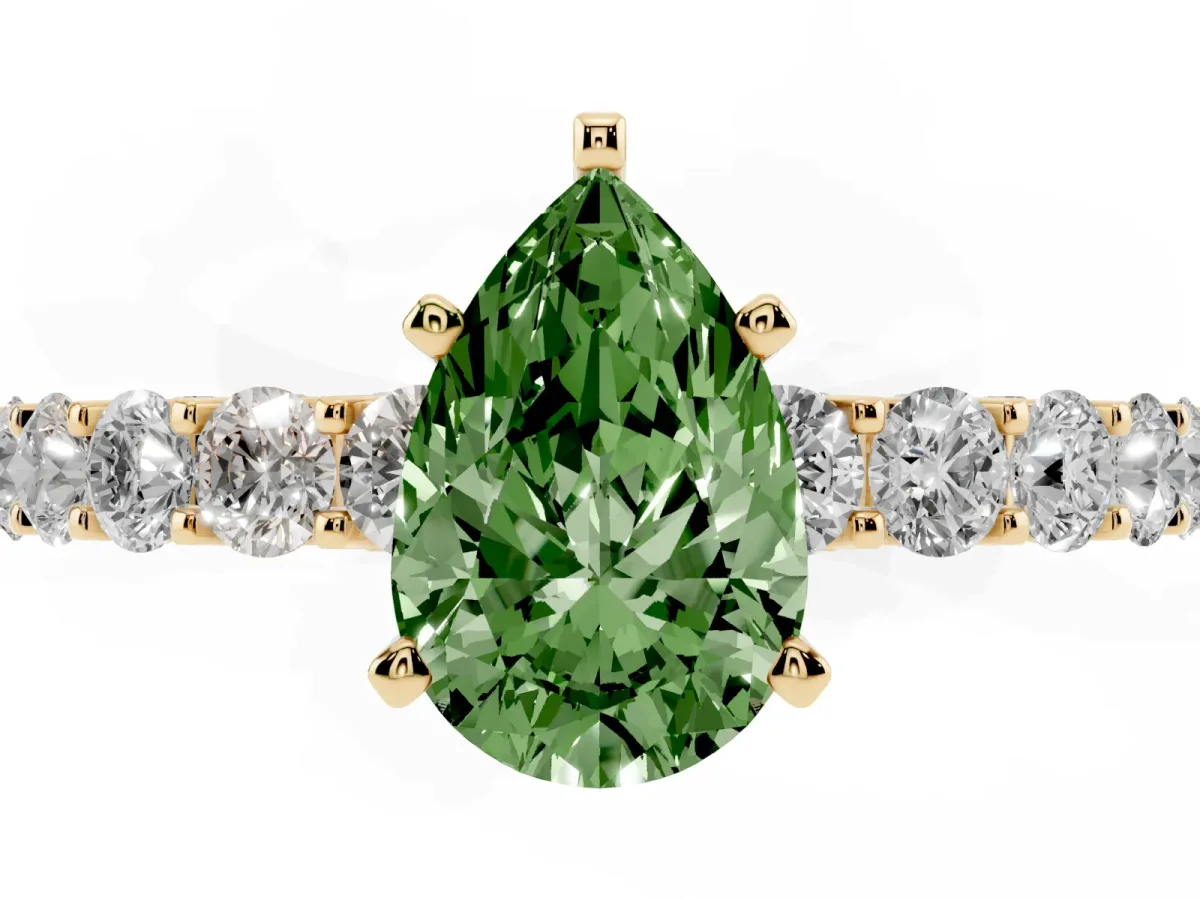 Fancy Green Pear Cut Diamond Solitaire Ring with Shared Prong Pavé Band and Four-Prong Setting Yellow gold