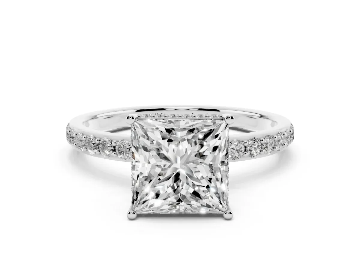 Princess Cut Diamond Solitaire Ring with Pavé Band and Hidden Halo Silver