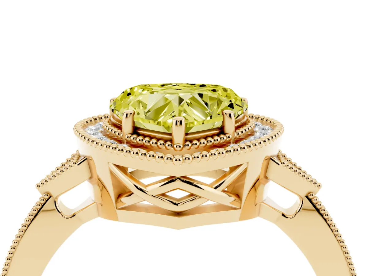 Fancy Yellow Heart Cut Halo Round Diamond Milgrain Pave Engagement Ring Yellow gold