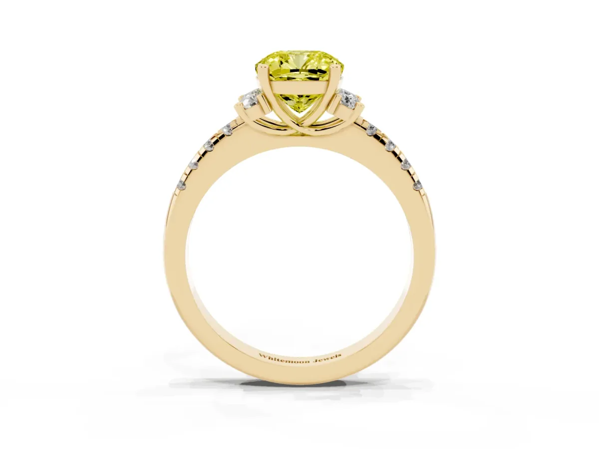 Fancy Yellow Cushion Cut Diamond Three-Stone Pave Band with Four-Prong Setting Yellow gold