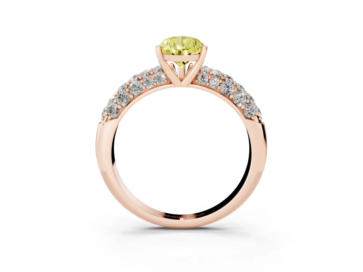 Fancy Yellow Pear Cut Diamond Pavé Band Solitaire Ring with Four-Prong Setting Rose gold