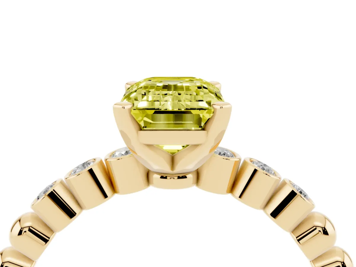 Fancy Yellow Emerald Cut Solitaire Bezel Accent Diamond Engagement Ring with Beaded Band and Four-Prong Setting Yellow gold