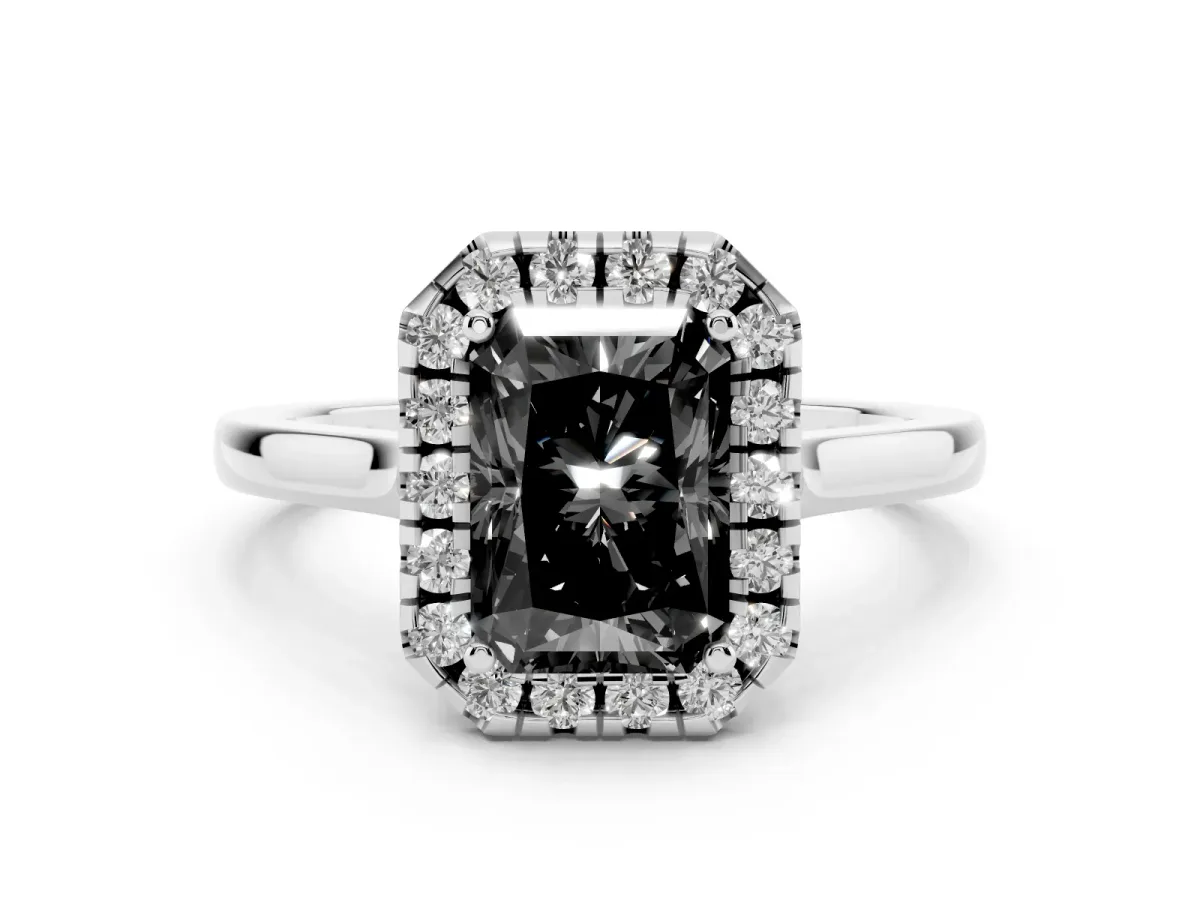 Fancy Black Radiant Cut Halo Round Diamond Solitaire Ring with Pavé Band and Four-Prong Setting Platinum