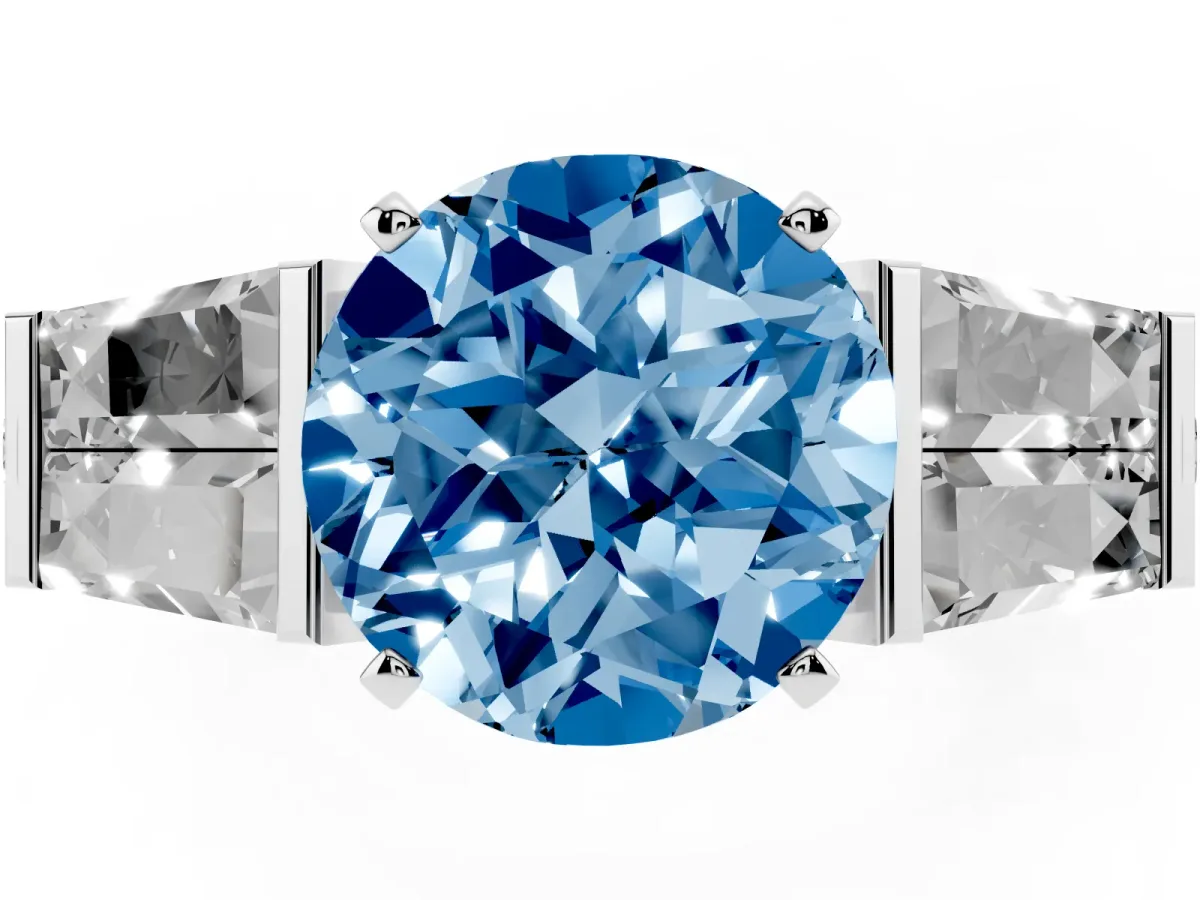 Fancy Blue Round Cut Diamond Engagement Ring with Baguette Side Stones and Channel Set Band White gold