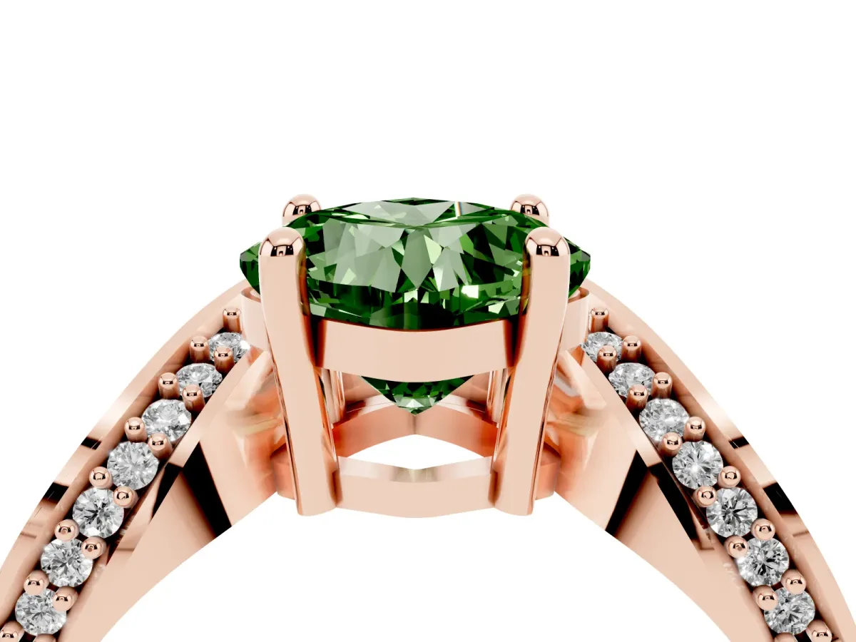 Fancy Green Cushion Cut Solitaire Diamond Engagement Ring with Pave Band and Four-Prong Setting Rose gold