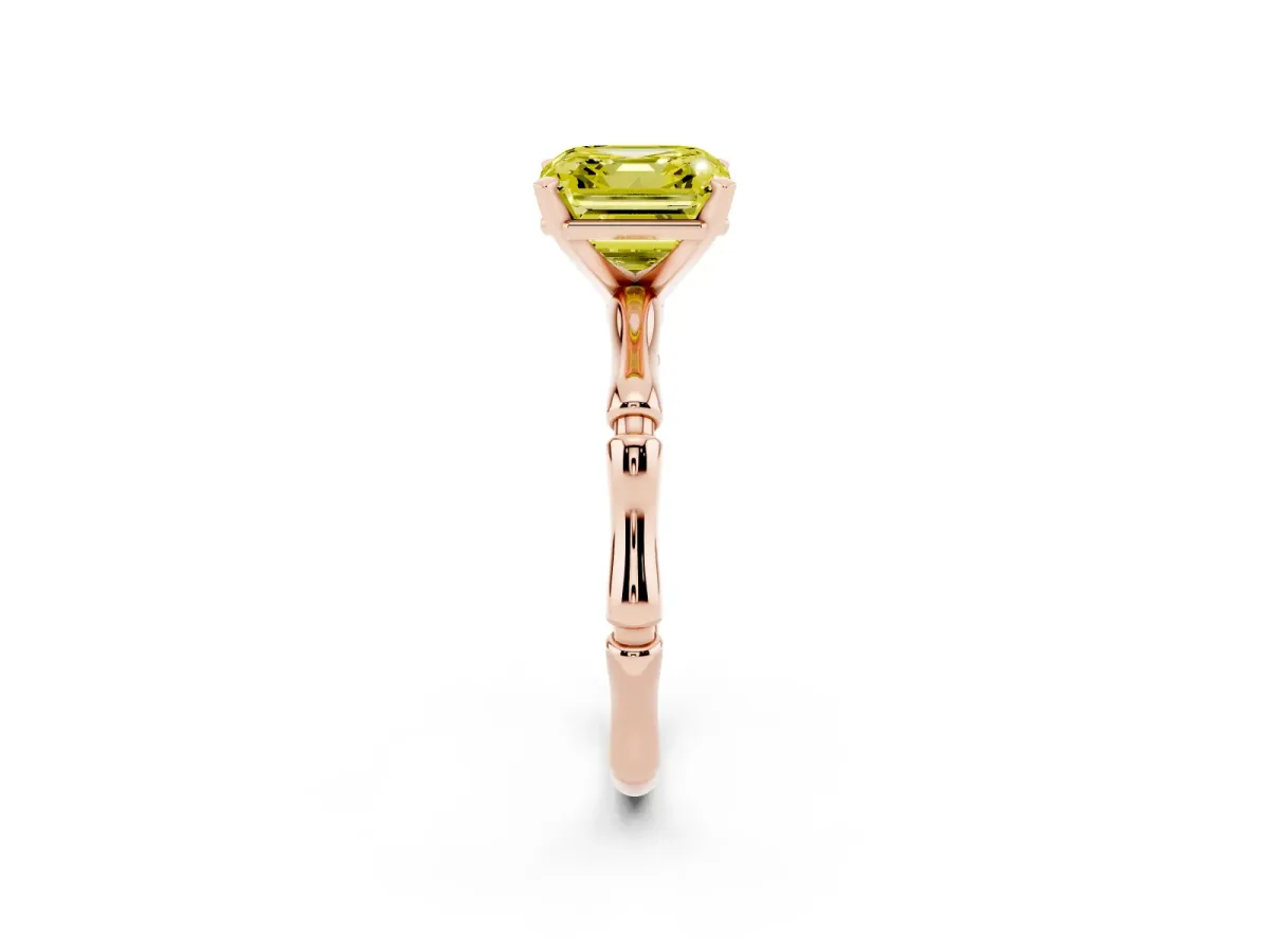 Fancy Yellow Asscher Cut Solitaire Diamond Ring with Bamboo Band and Four-Prong Setting Rose gold
