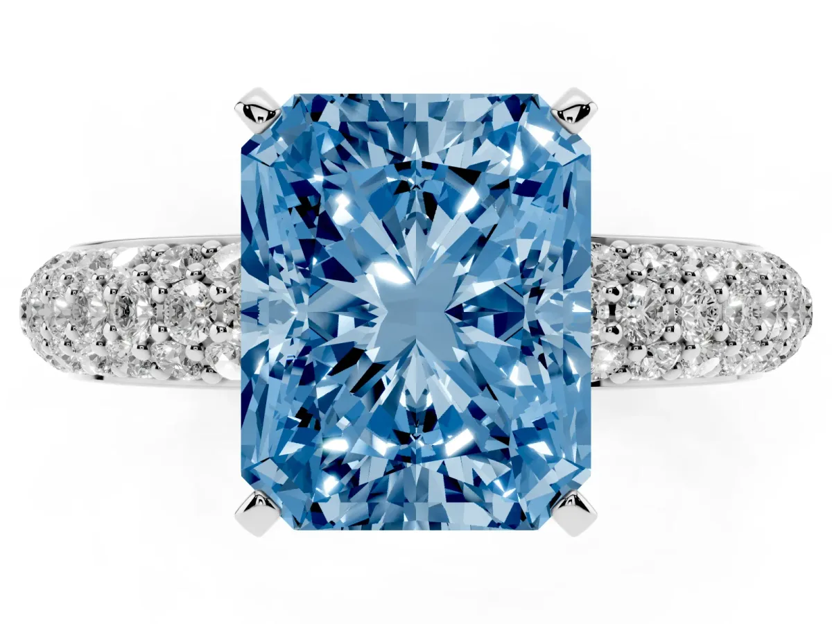 Fancy Blue Radiant Cut Diamond Solitaire Ring with Prong Setting and Pavé Band Silver