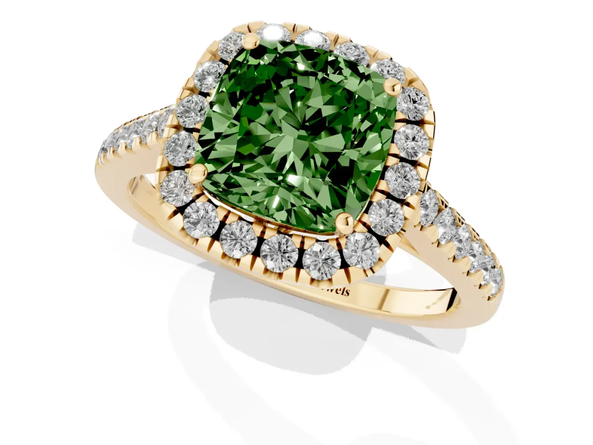 Fancy Green Cushion Cut Halo Pavé Diamond Engagement Ring with Four-Prong Setting Yellow gold