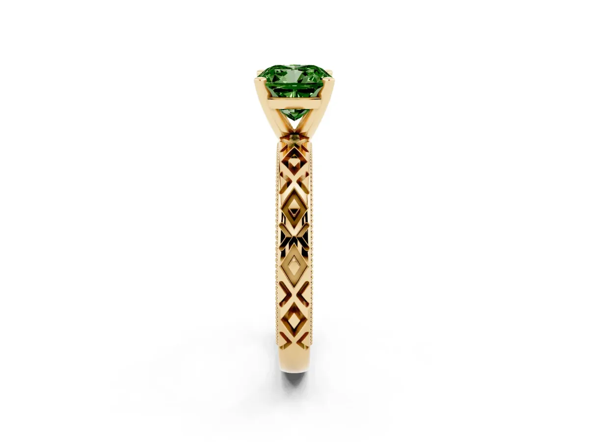 Fancy Green Cushion Cut Solitaire Diamond Ring with Milgrain and Black Enamel X Pattern Band Yellow gold
