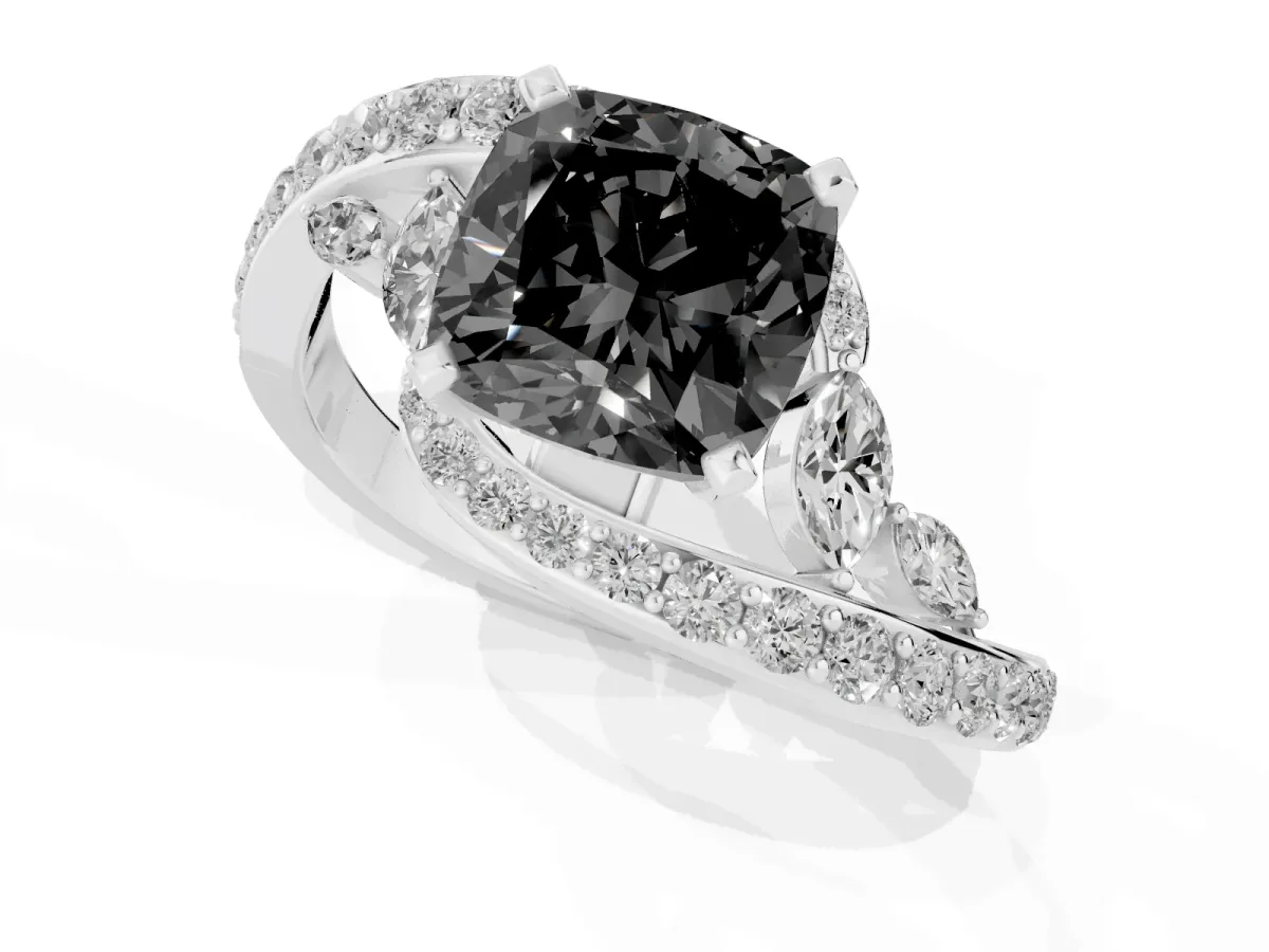 Fancy Black Cushion Cut Diamond Solitaire Ring with Filigree Band and Four-Prong Setting Silver