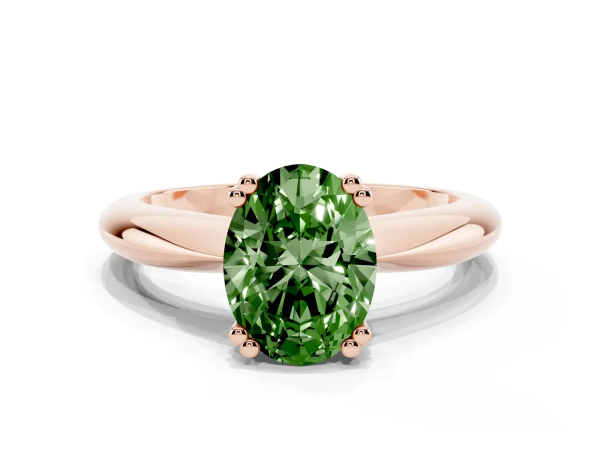 Fancy Green Oval Cut Cut Solitaire Engagement Ring with Tapered Band and Four-Prong Setting Rose gold