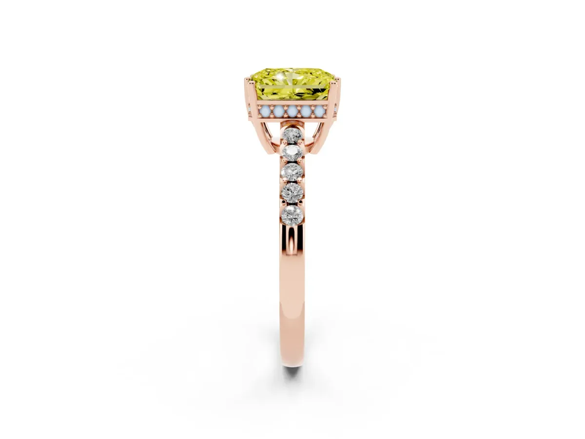 Fancy Yellow Radiant Cut Solitaire Diamond Engagement Ring with Pavé Band and Six-Prong Setting Rose gold