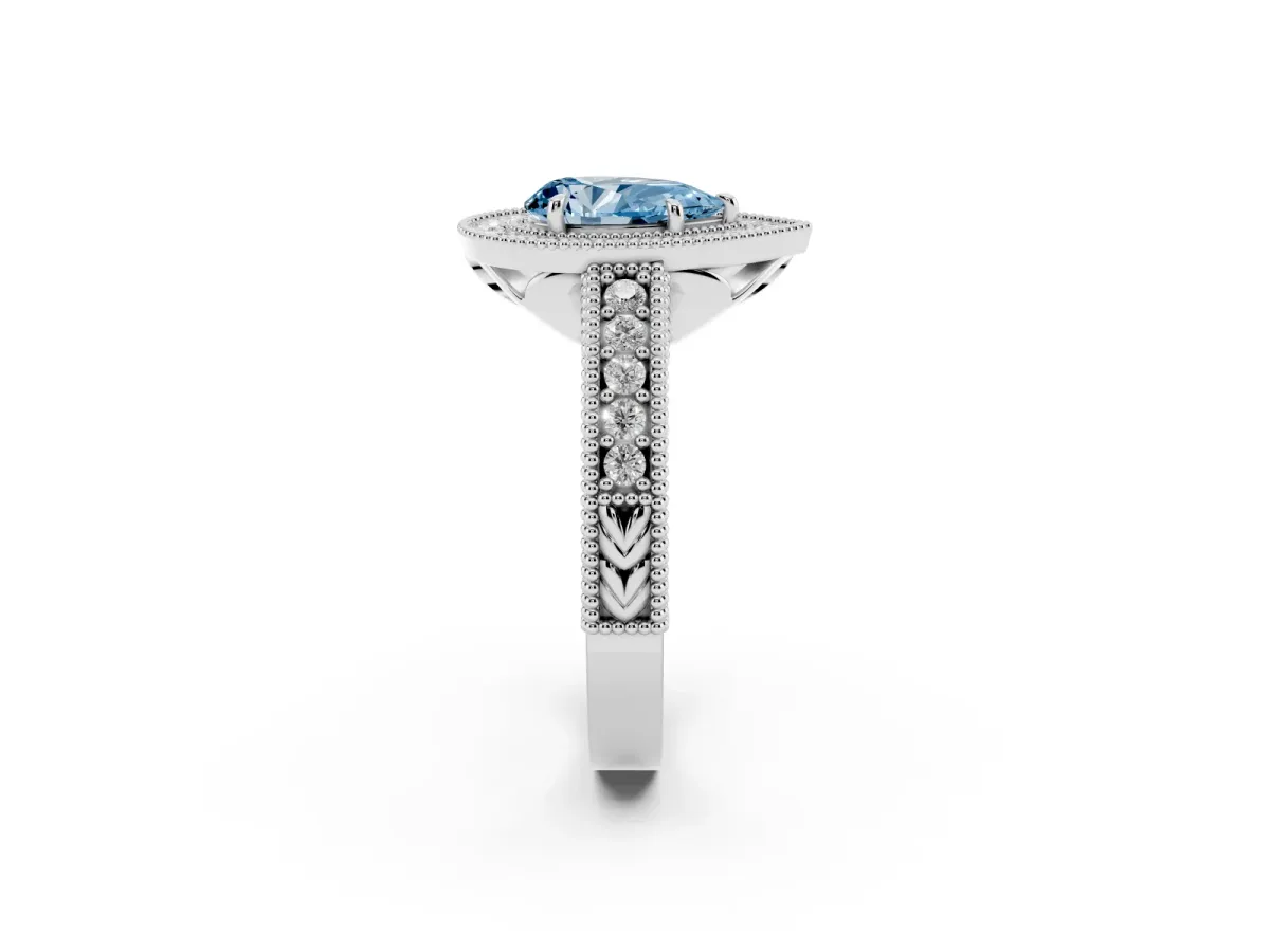 Fancy Blue Pear Cut Cut Halo Diamond Ring with Pavé Band and Four-Prong Setting Platinum