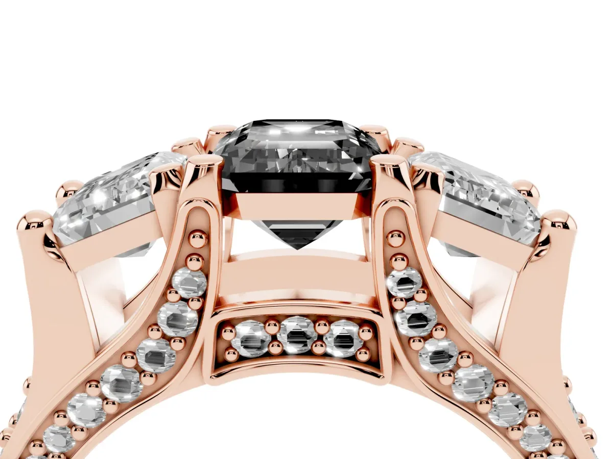 Fancy Black Emerald Cut Diamond Three-Stone Ring with Channel Set Band and Four-Prong Setting Rose gold