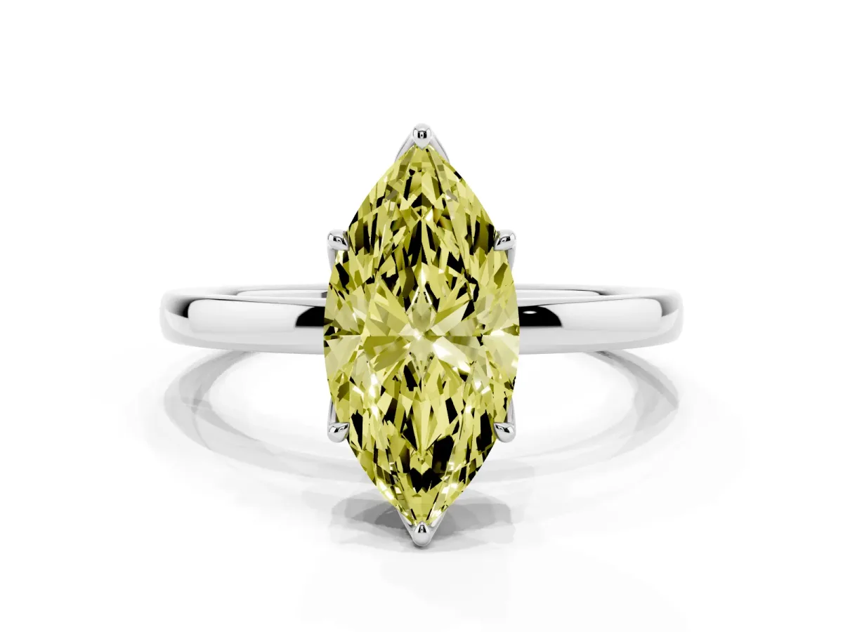Fancy Yellow Marquise Cut Diamond Solitaire Ring with Thin Band and Prong Setting Silver