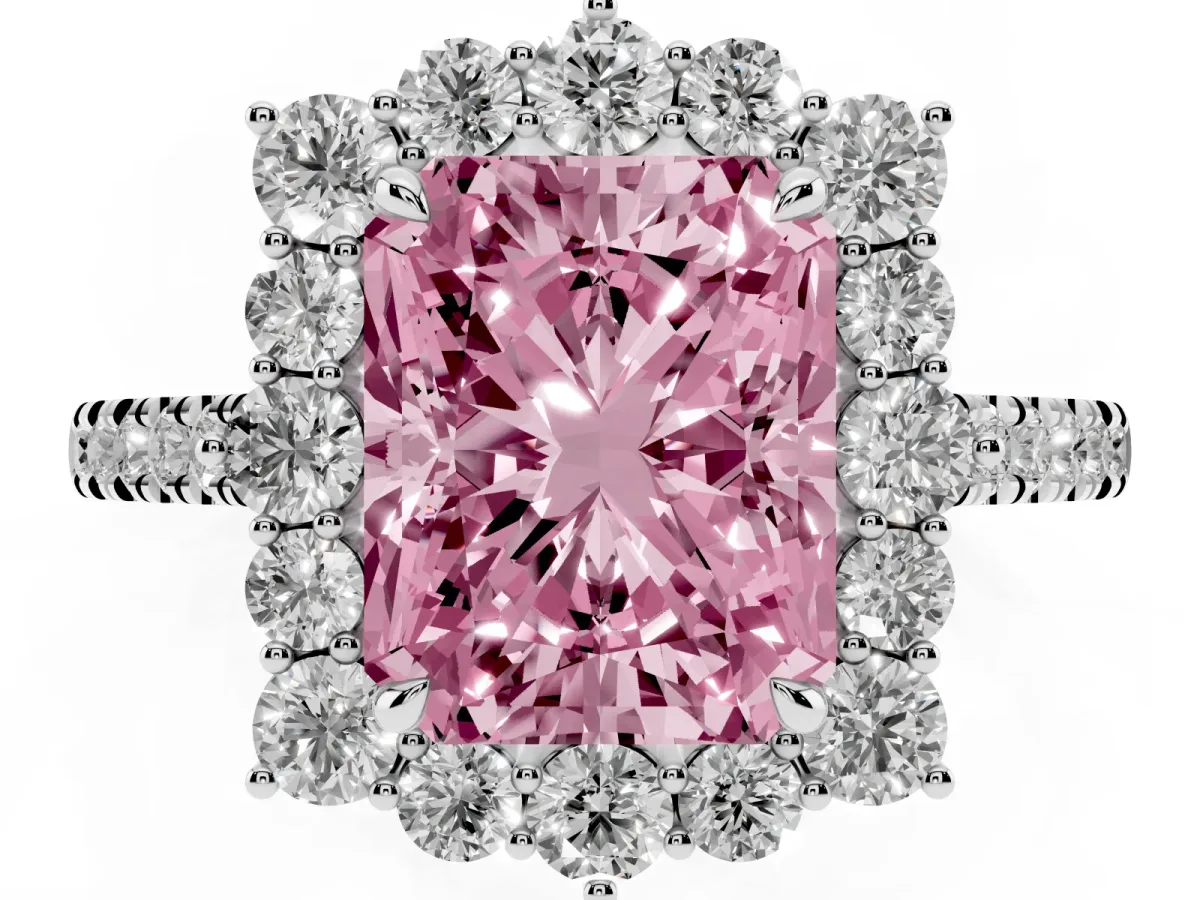 Fancy Pink Radiant Cut Halo Diamond Ring with Pavé Band and Prong Setting Silver