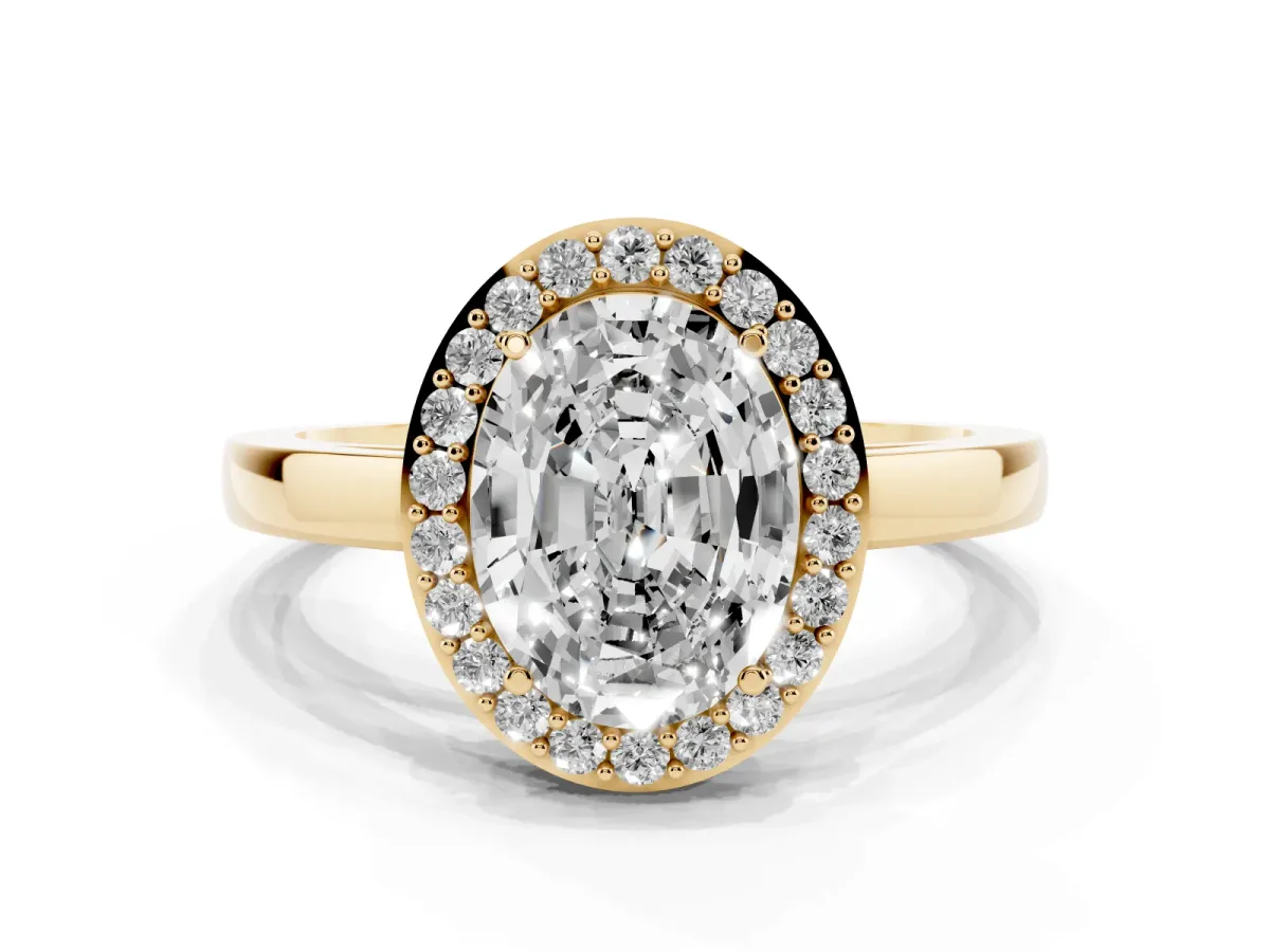 Oval Cut Halo Diamond Ring with Solitaire Band and Prong Setting Yellow gold