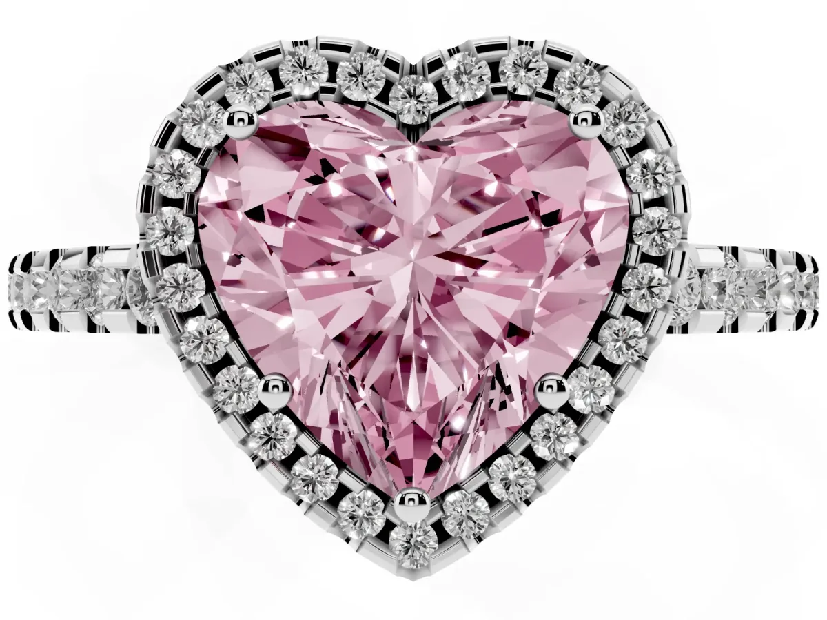 Fancy Pink Heart Cut Diamond Halo Engagement Ring with Pavé Band and Prong Setting White gold