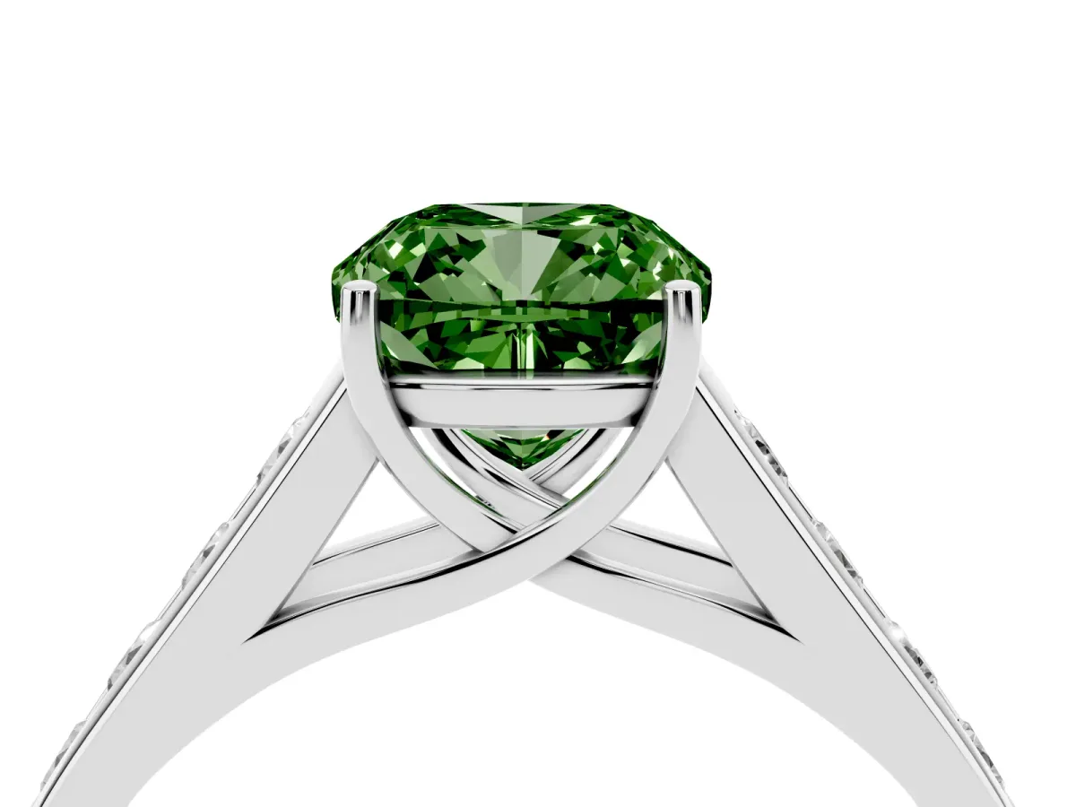 Fancy Green Cushion Cut Brilliant Channel-Set Solitaire Ring with Four-Prong Setting Silver