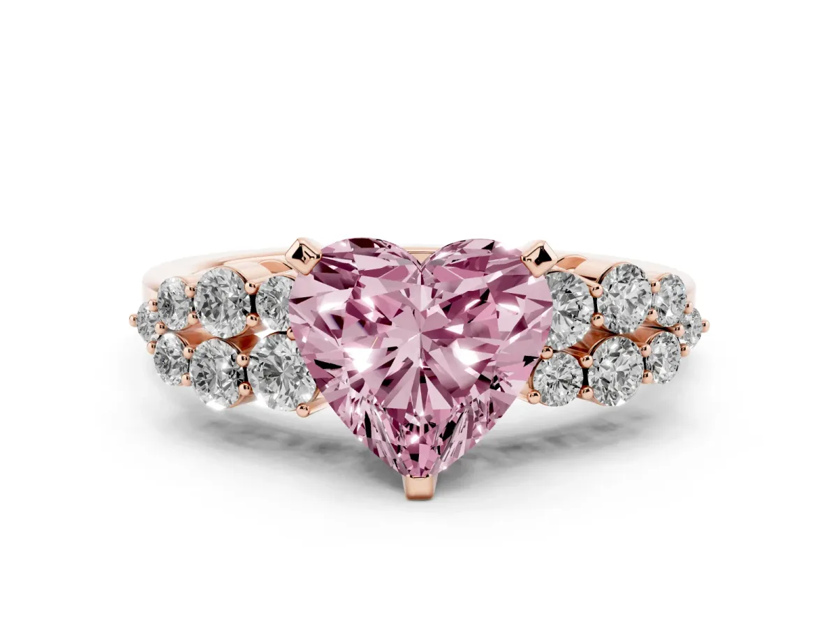 Fancy Pink Heart Cut Cluster Diamond Engagement Ring with Pavé Band and Four-Prong Setting Rose gold