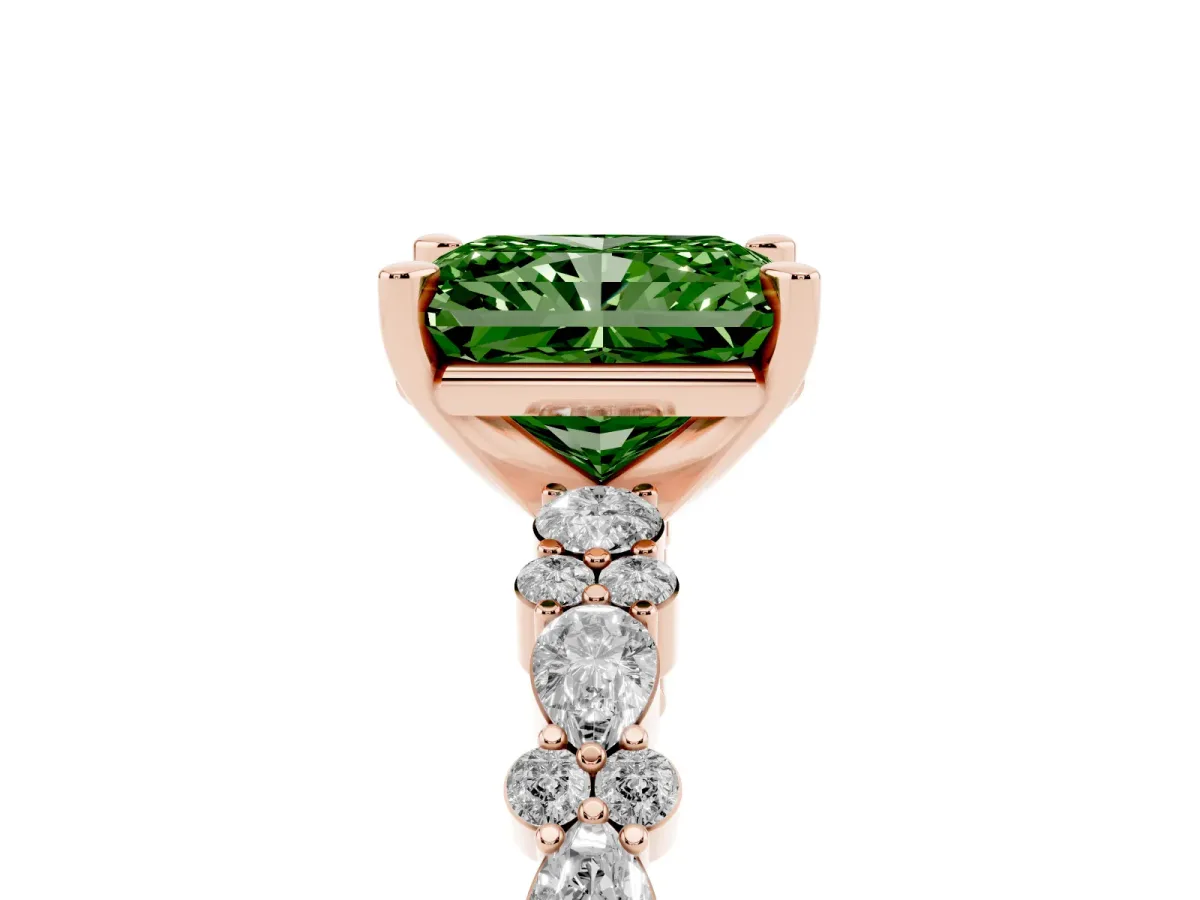 Fancy Green Radiant Cut Diamond Side Stone Solitaire Ring with Round and Four-Prong Setting Rose gold