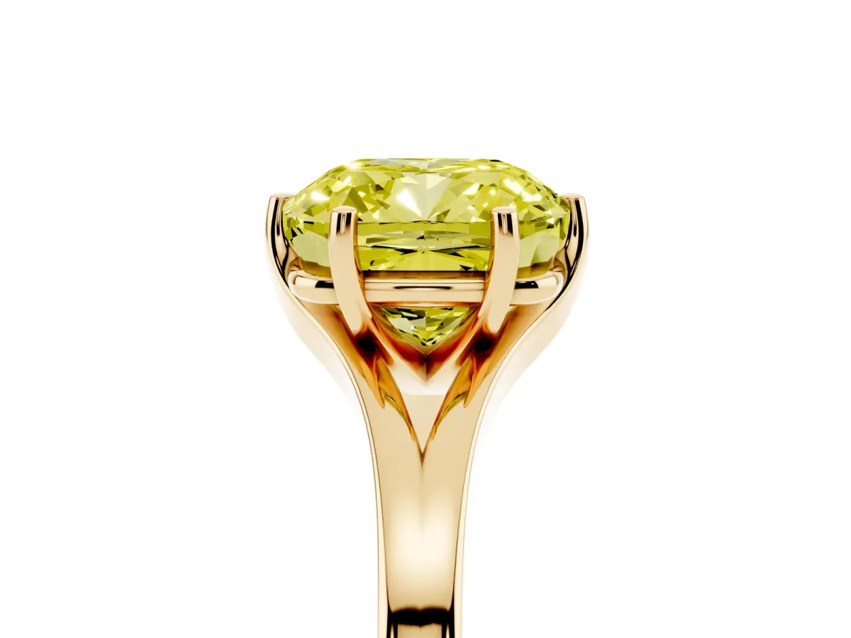 Fancy Yellow Cushion Cut Solitaire Diamond Ring with Six-Prong Setting and Tapered Band Yellow gold