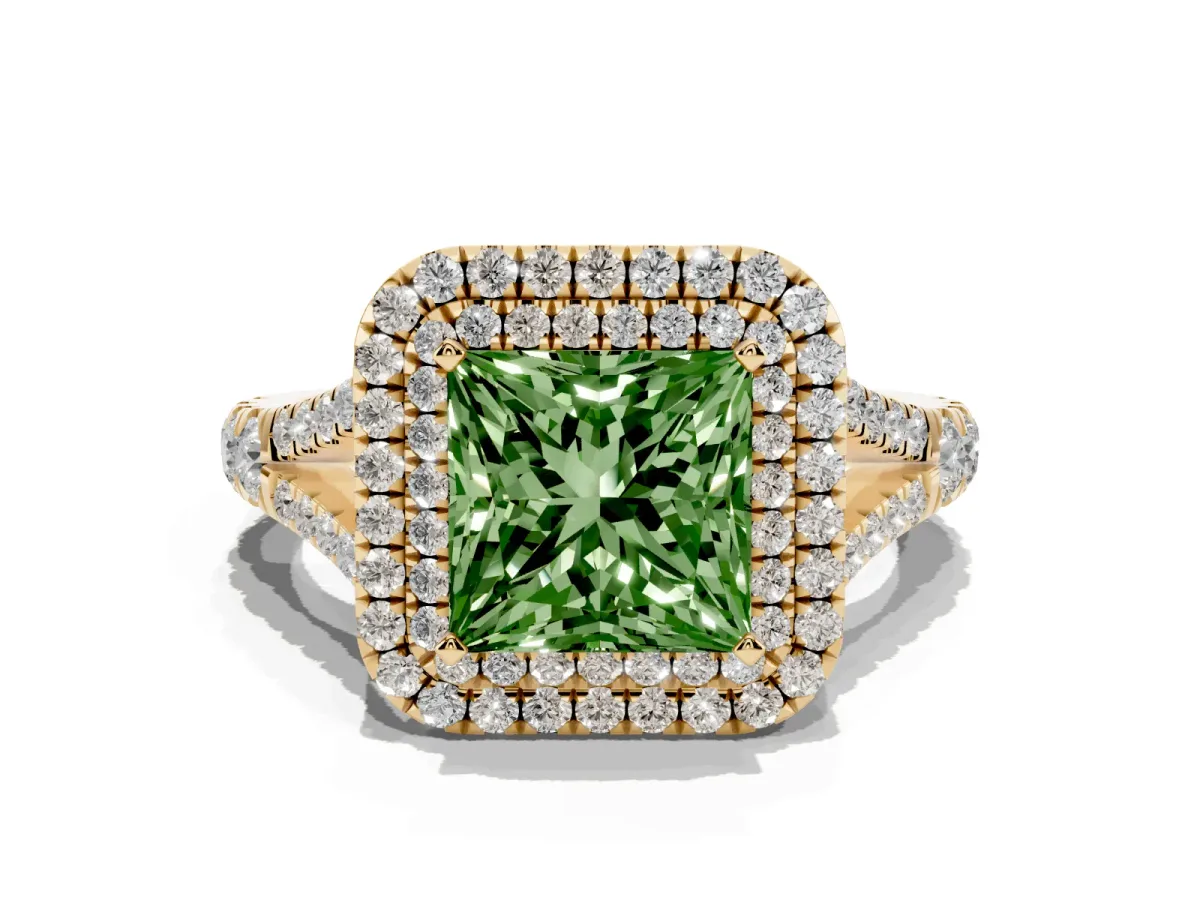 Fancy Green Princess Cut Diamond Double Halo Ring with Split Shank and Prong Setting Yellow gold