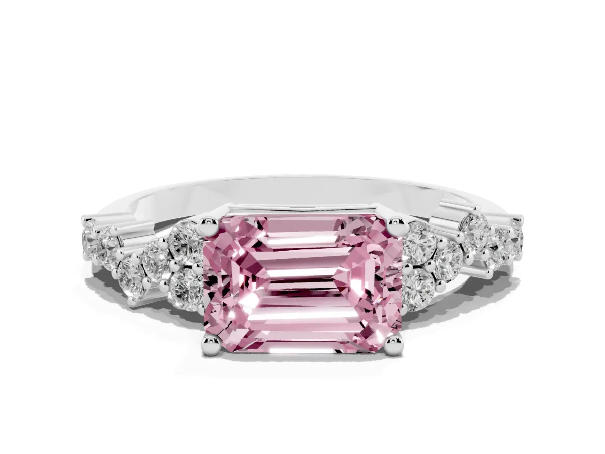 Fancy Pink Emerald Cut Diamond Scattered Round Accent Ring with Prong Setting Silver