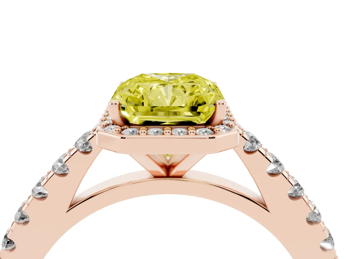 Fancy Yellow Radiant Cut Cut Halo Diamond Engagement Ring with Pave Band and Four-Prong Setting Rose gold