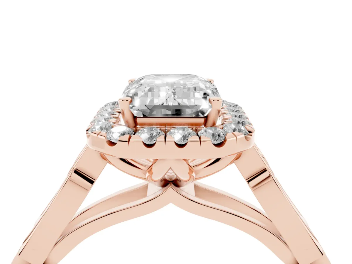 Emerald Cut Halo Diamond Engagement Ring with Filigree Band and Four-Prong Setting Rose gold