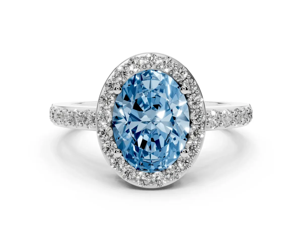 Fancy Blue Oval Cut Halo Diamond Pavé Band Ring with Prong Setting Silver