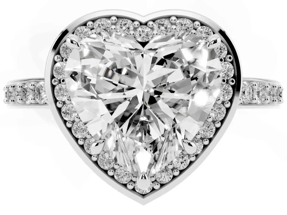 Heart Cut Halo Pave Band Solitaire Ring with Prong Setting Silver