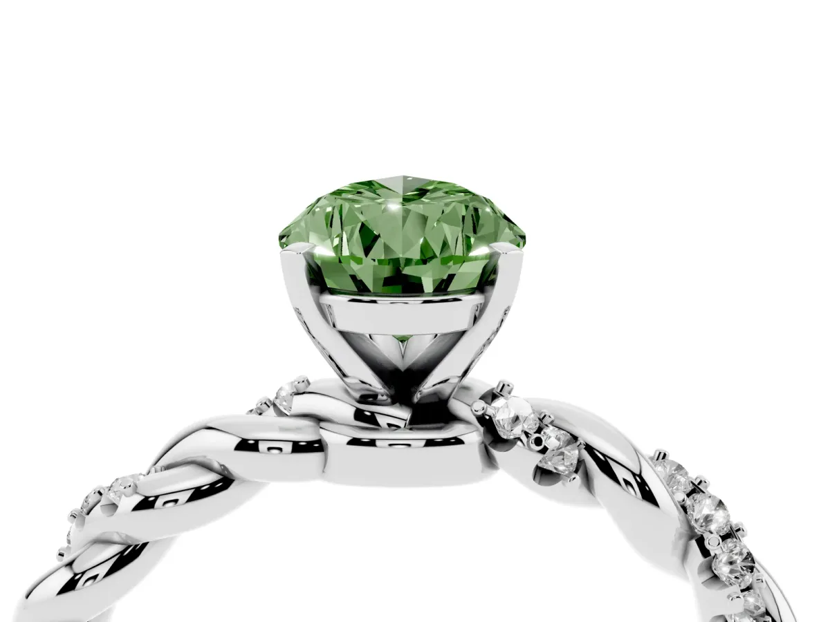 Fancy Green Pear Cut Diamond Solitaire Ring with Twisted Band and Pavé Accents Silver