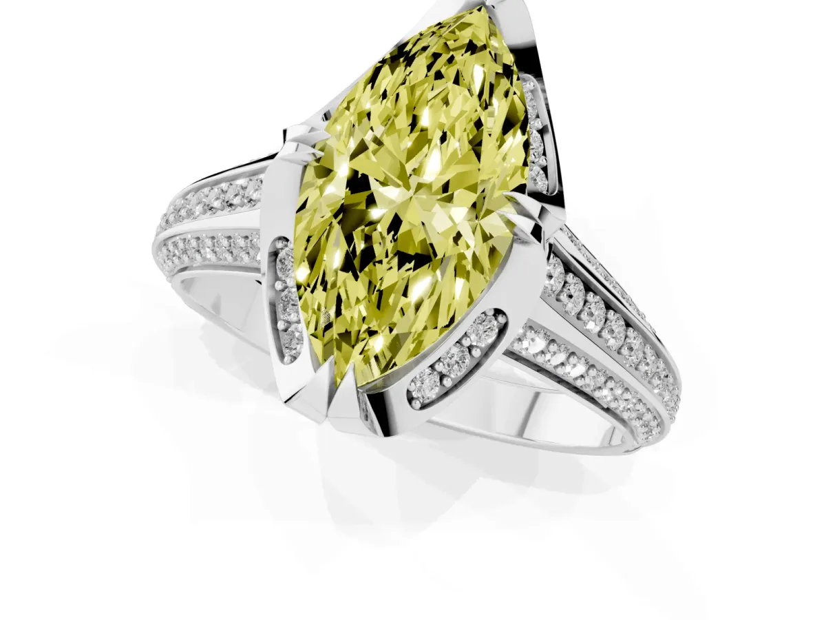 Fancy Yellow Marquise Cut Solitaire Pave Split Shank Ring with Four-Prong Setting Silver