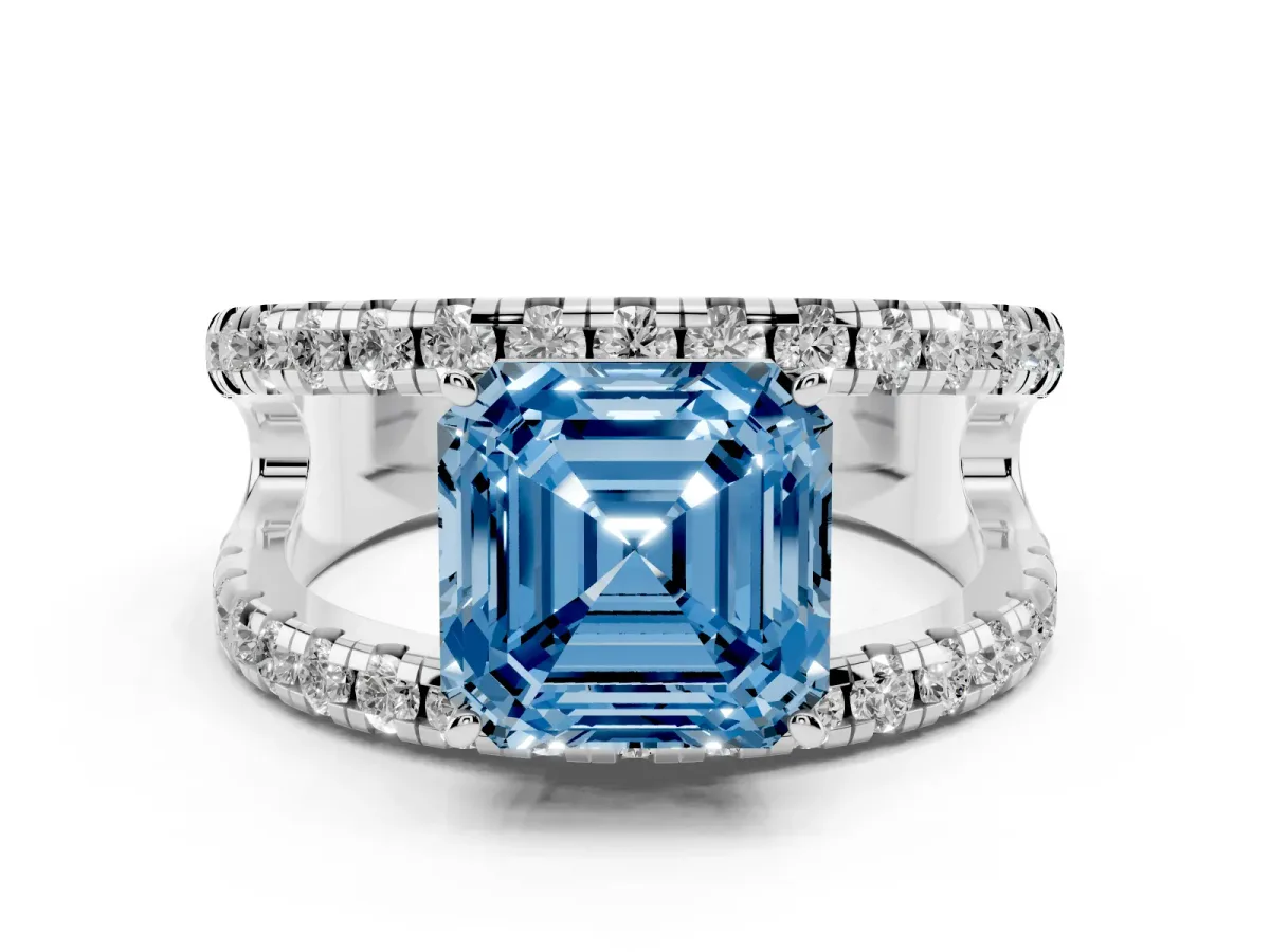 Fancy Blue Asscher Cut Solitaire Split Shank Pave Diamond Ring Platinum