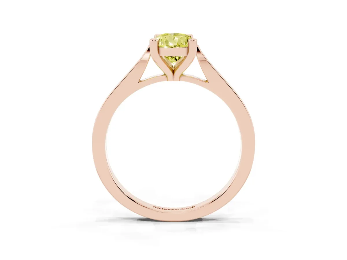 Fancy Yellow Pear Cut Solitaire Diamond Ring with Four-Prong Setting and Tapered Band Rose gold