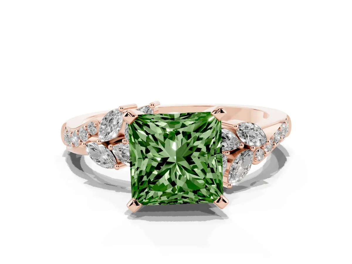 Fancy Green Princess Cut Solitaire Marquise Twist Band with Six-Prong Setting Rose gold