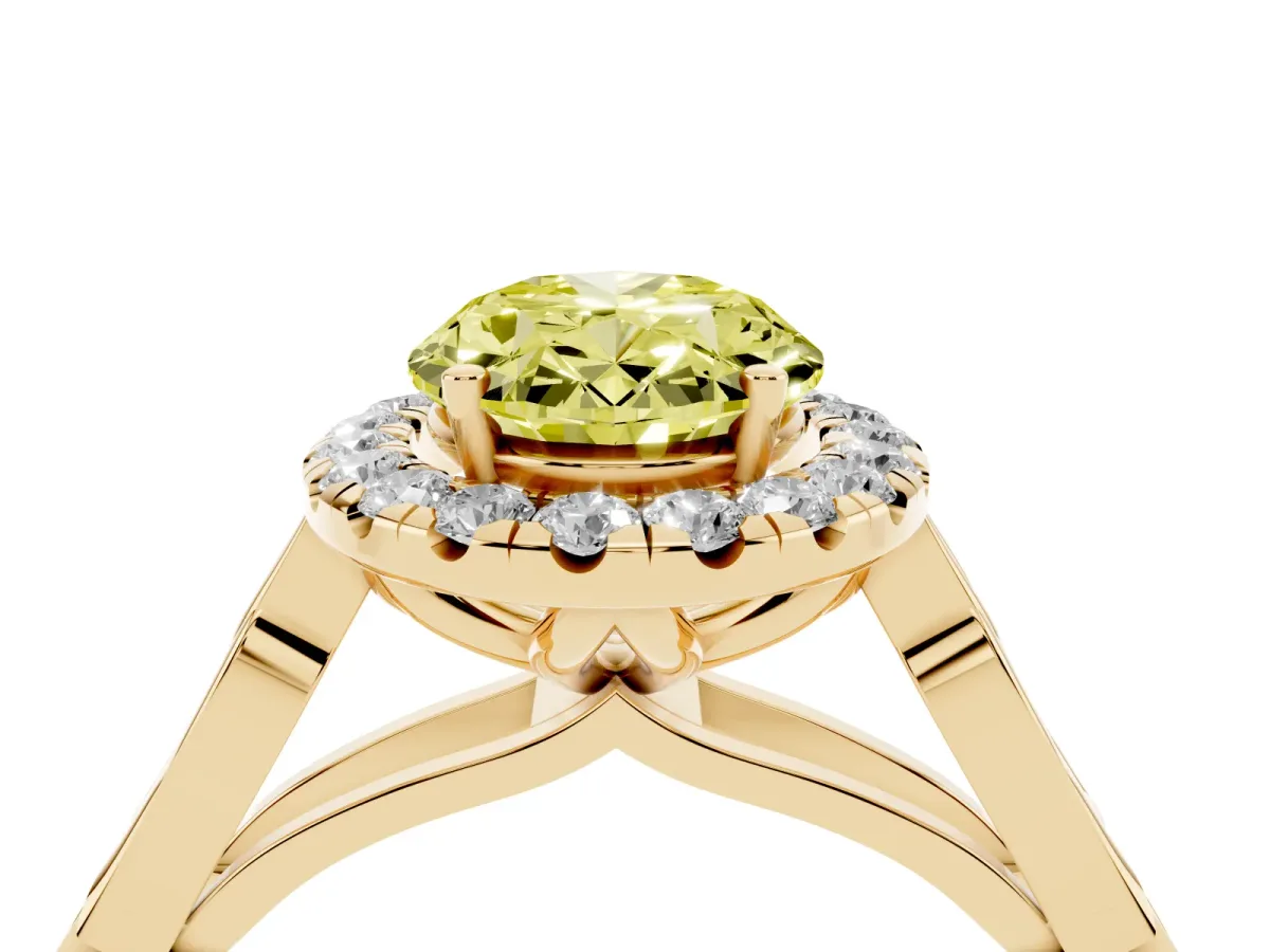 Fancy Yellow Oval Cut Halo Diamond Engagement Ring with Filigree Band and Four-Prong Setting Yellow gold