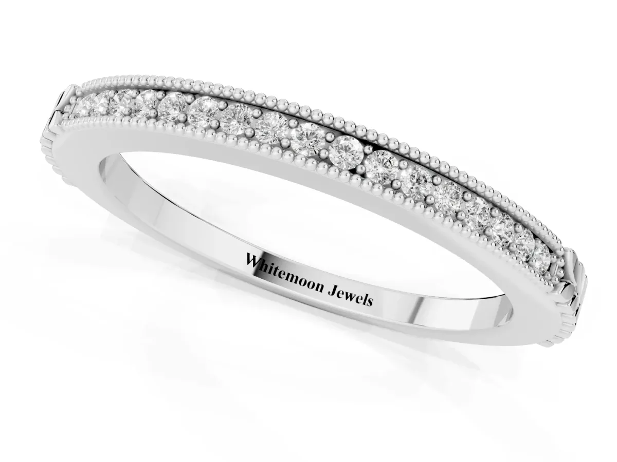Round Cut Diamond Pavé Set Milgrain Edge Eternity Band Platinum