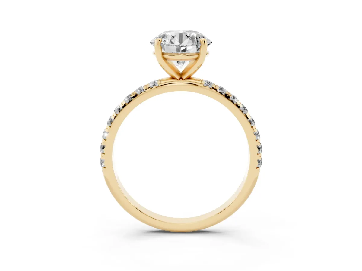 Round Cut Cut Diamond Solitaire Ring with Micro Pave Band and Four Prong Setting Yellow gold